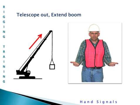 Telescope out, Extend boom, Knuckle out: The sign for telescope out is holding both hands out with thumbs pointing out. This sign can also be used on non-telescopic knuckle cranes for knuckle out.