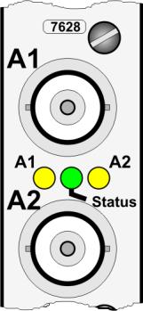 The Status LED (green) indicates the synchronization status of the Module 7628 and is also used for diagnosis of the input signal at the internal synchronization input of the module in case of a