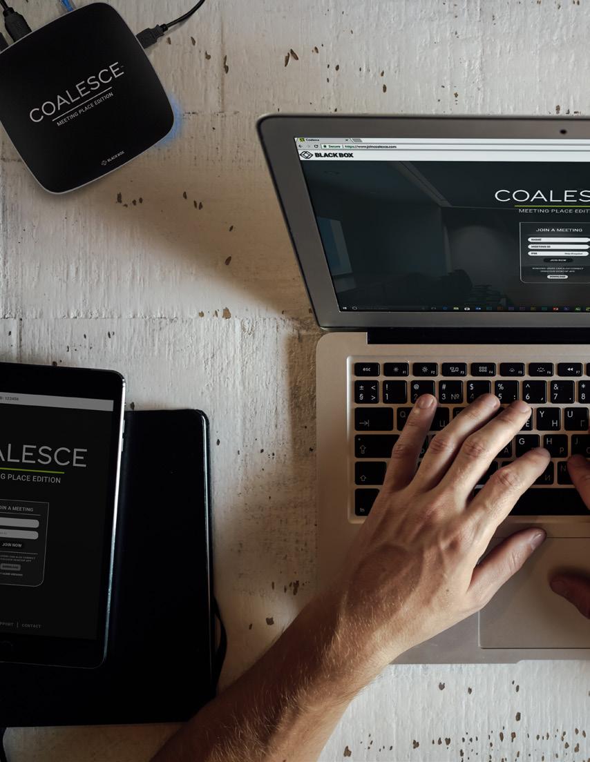SOLUTION Black Box s wireless collaboration system, Coalesce MPE, enables users to display and share content from their mobile laptops, tablets and smartphones on the screen.