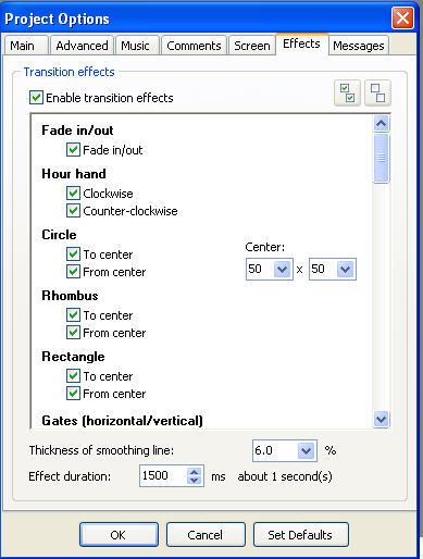 5.5.6 Effects Tab Figure 5.15 shows the Effects tab. There are a large number of beautiful, smooth transition effects from which to choose in PTE.