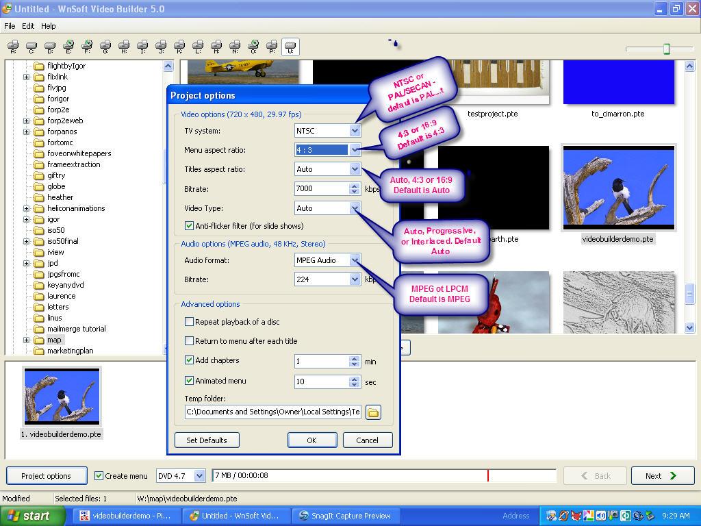 Figure 6.4 Figure 6.4 shows the "Project options" pop-up, where there are several options which can be user selected.