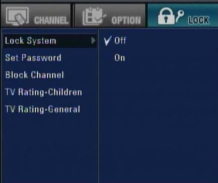 MENU OPERATION - LOCK Set up blocking schemes to block specific channels, ratings, and external viewing sources. Rating guidelines are provided by broadcasting stations.