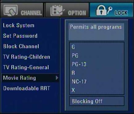 Menu Operation - Lock Movie-Rating Blocks movies according to the movie ratings restrictions so children cannot view certain movies.