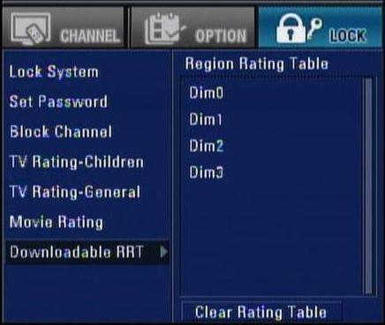 Menu Operation - Lock Downloadable-RRT If received broadcasting signal has Region rating data, rating data is displayed in rating table.