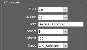 The HSI21 configuration Cortex control screen for HSI21 showing X31 (packet 31) configuration X31-Cues: Controls insertion of X31 data On/Off SD-Line: Selects the line on which the X31 data packets