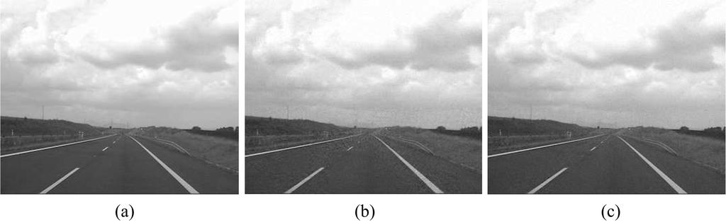 (a) (b) (c) Figure 5. Different decodings of the 11th frame of Highway: (a) Original; (b) using the 2D-DCT basis intra-frame decoder (P = 0.