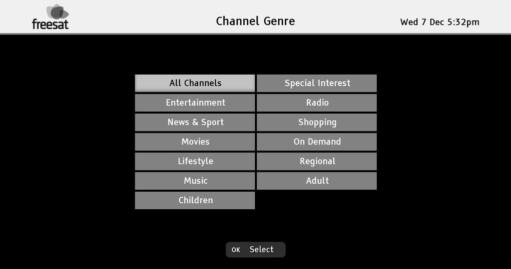 HINT: You can skip the genre choice stage by pressing the button a second time, to jump straight to the programme guide for all of the channels.