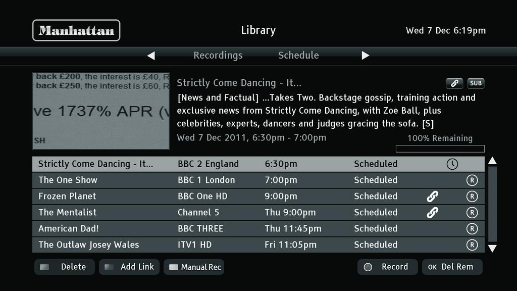 The panel at the top of the screen shows details of the recording highlighted, including the symbols seen in the browsing bar. You can highlight the different recordings listed using the and buttons.