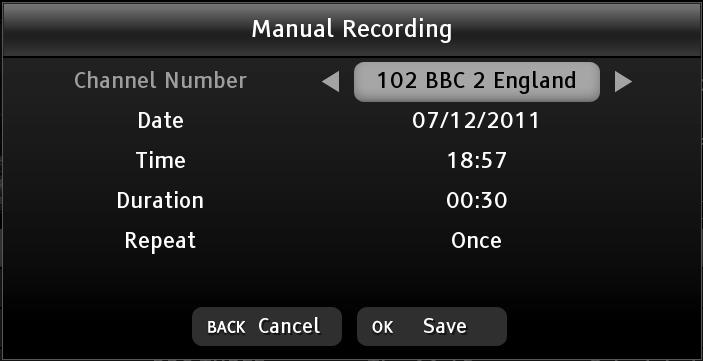 MANUAL TIMER RECORDING (continued) Open the library schedule list by pressing the button followed by the or button, and them press the yellow button to display the manual recording menu.