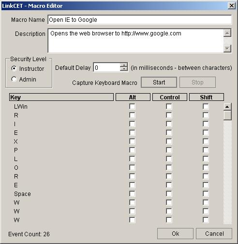 appear. First, enter a macro name and description. The security level radio buttons determine whether an instructor is capable of using the macro or if the user needs administrator privileges.