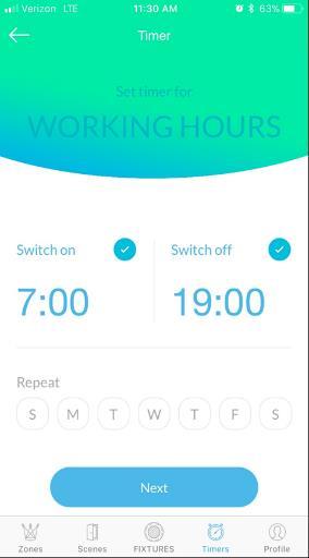Users can establish both an On and Off time or select just one On or Off. To set an On time, tap the Switch On checkmark so it is highlighted in blue.