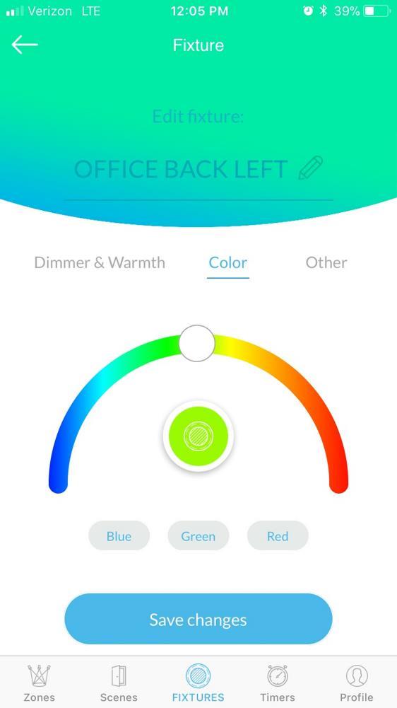 4.2.2 Controlling Individual Fixtures RGB Colors of Light Tap Color from the Control Mode panel to switch to RGB controls. This will take your fixtures out of White light and into RGB colors.