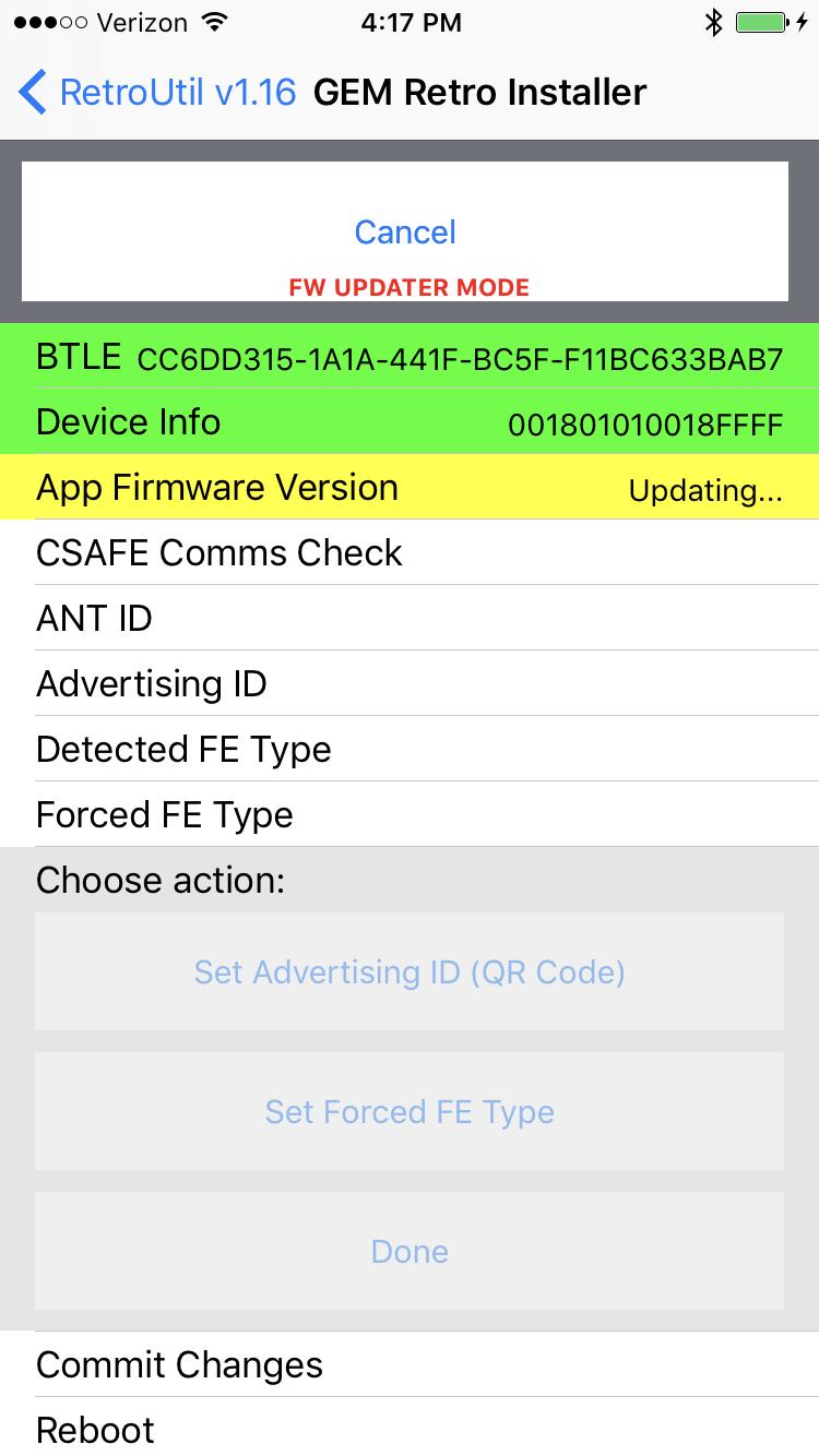 After the app makes the Bluetooth connection to the GymConnect retrofit, the app will check the firmware and update the firmware in the GymConnect Retrofit automatically if it is out of date.