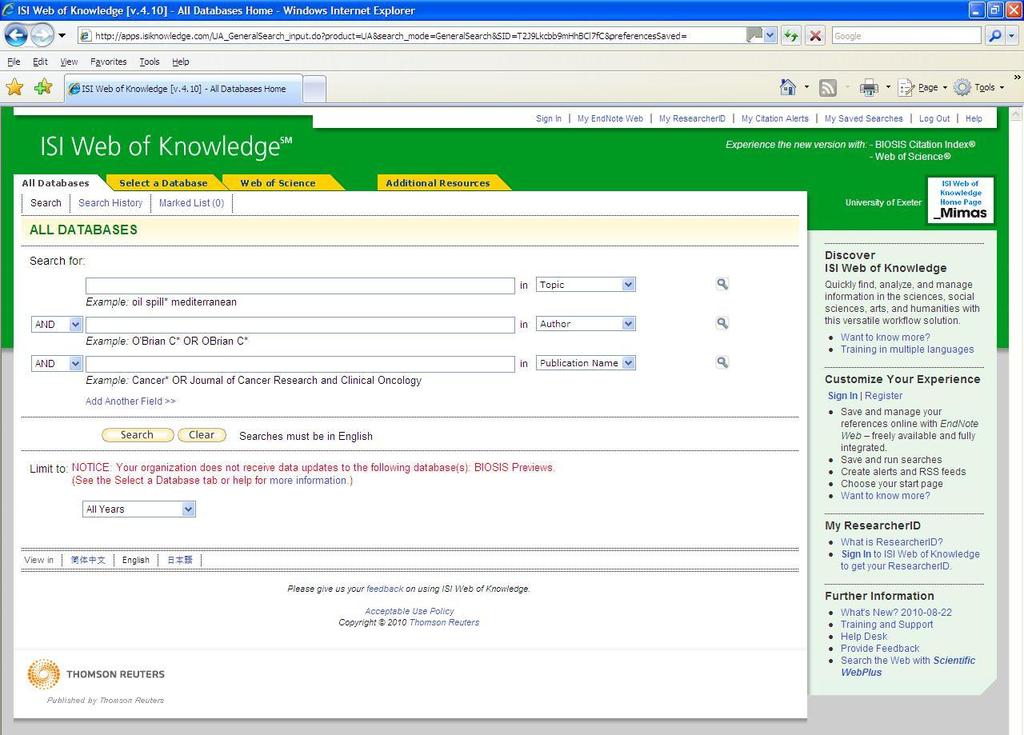 Exercise 3: Using Direct Import from an online database For this example, the citation database ISI Web of Knowledge will be used.