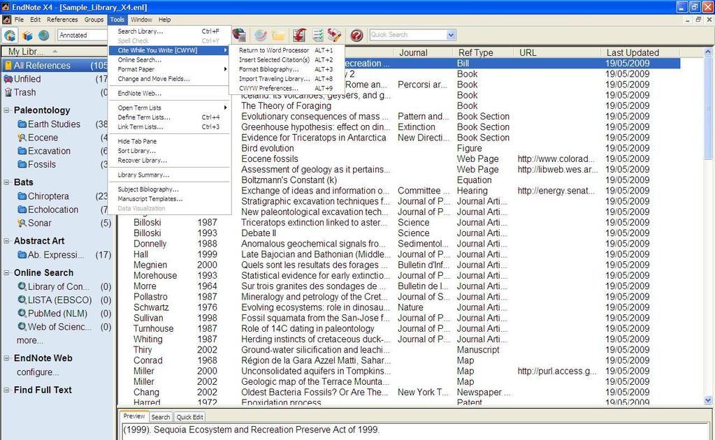 8. Cite While You Write (CWYW) EndNote works with Microsoft Word to help you cite references easily and quickly as you write, and to produce a paper with properly formatted citations, a bibliography,