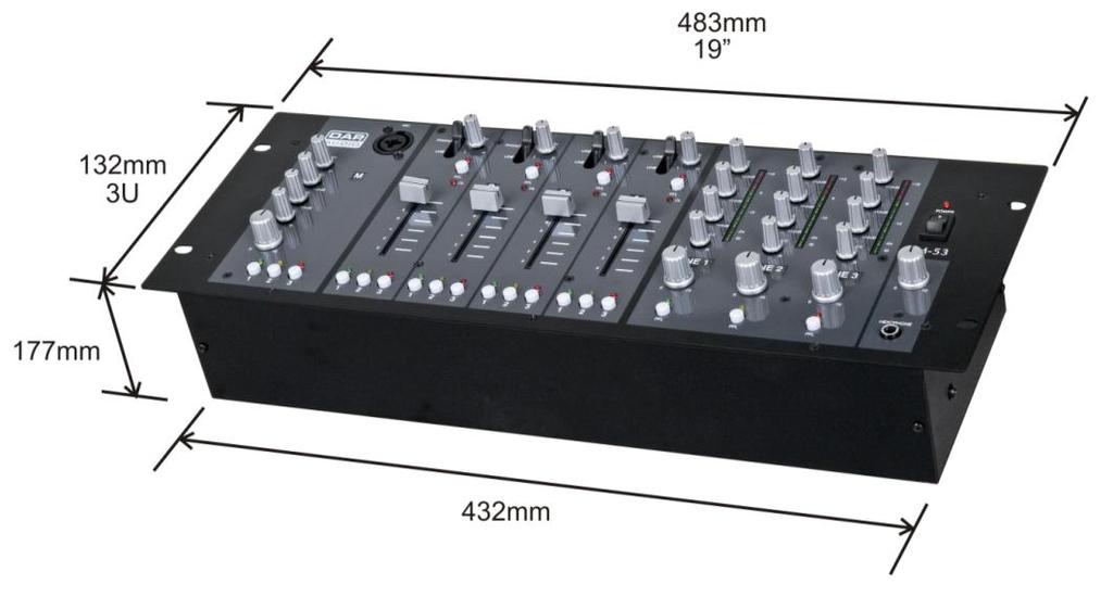 Product Specification Model: DAP Audio IM-53 Installation Mixer Power Supply: AC 230V-50Hz Power consumption: 15W Inputs: 6 line, 2 phono, 1 mic Line, Phono: cinch unbalanced Mic: combo jack/xlr
