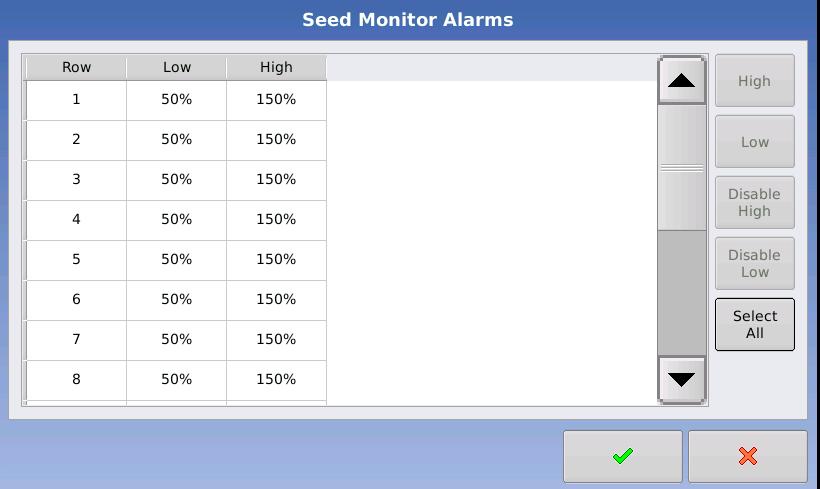 Note: Gain setting is not crop specific. Table View tab shows seeds per acre and seeds per second for each row.