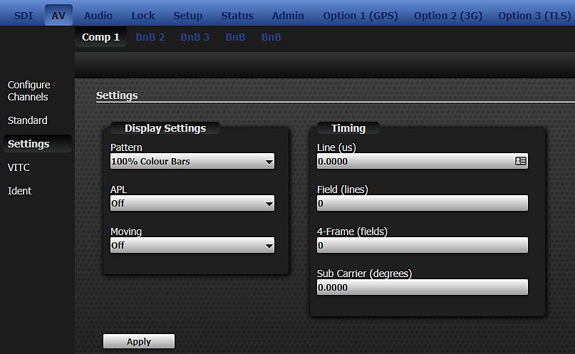6.3 ANALOGUE VIDEO: SETTINGS The Settings page is provided for all configurations but content displayed on the page will vary according to both the channel configuration and line standard previously
