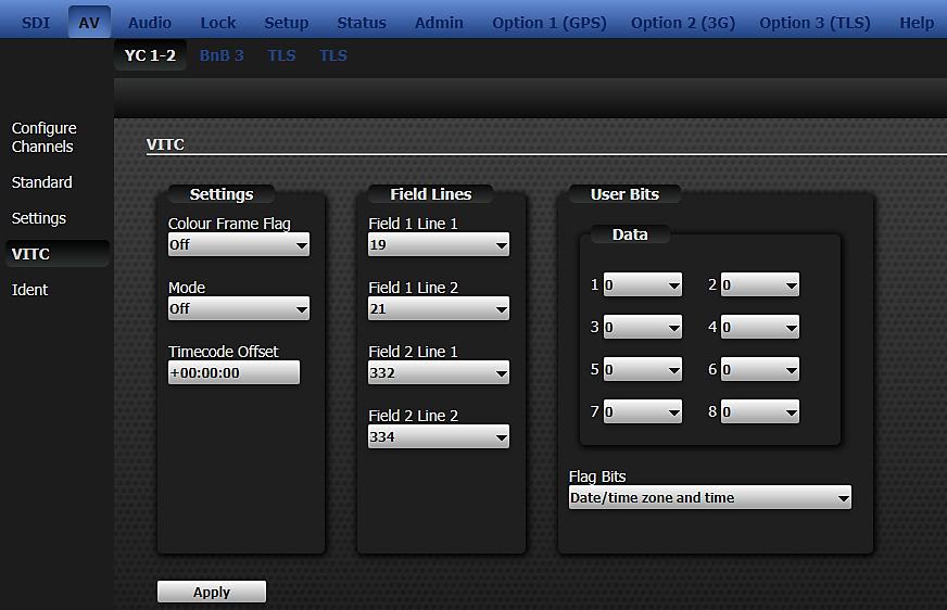 4 TIMECODE FEATURE - ANALOGUE VIDEO 12.4.1 VITC Menu Once the software feature has been enabled, an extra item, VITC, is shown in the side bar menu for each AV output. 12.4.2 Notes 1.