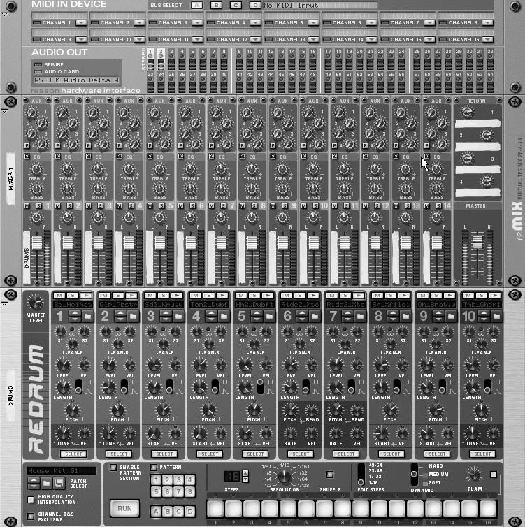 Chapter 3 The Reason Work Process For a typical project in Reason, you ll create a Mixer, add a device such as a drum machine or a synth, record the parts, listen to them, edit them, add more devices