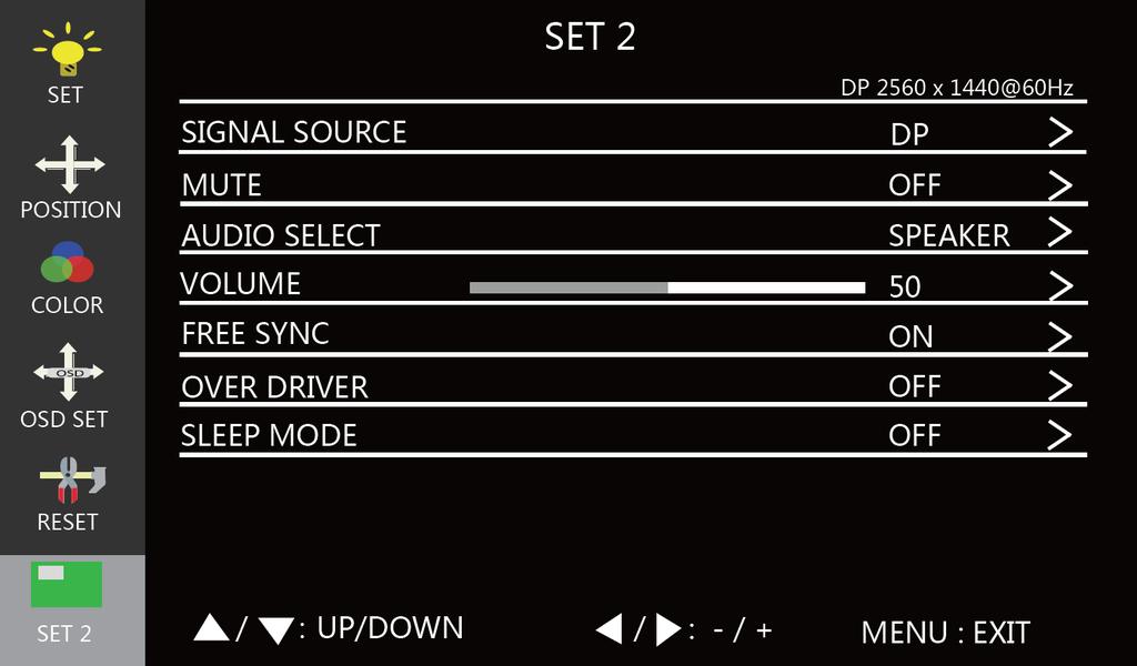 Set 2 Menu SIGNAL SOURCE: Allows selection of the video input. The available options are VGA, DVI, HDMI, and DP.