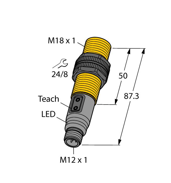 M18 1 threaded barrel Plastic, PA12-GF30 Teach-in and configuration via buttons on the device, pin 5 and IO-Link Wiring Diagram Functional principle Type designation Ident no.
