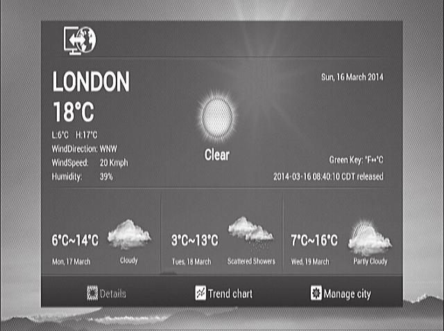 SETUP MENU > APPLICATIONS OTT CONTENT OTT weather page From the weather page you can choose a city near you to customise the weather report/ forecast for your area.