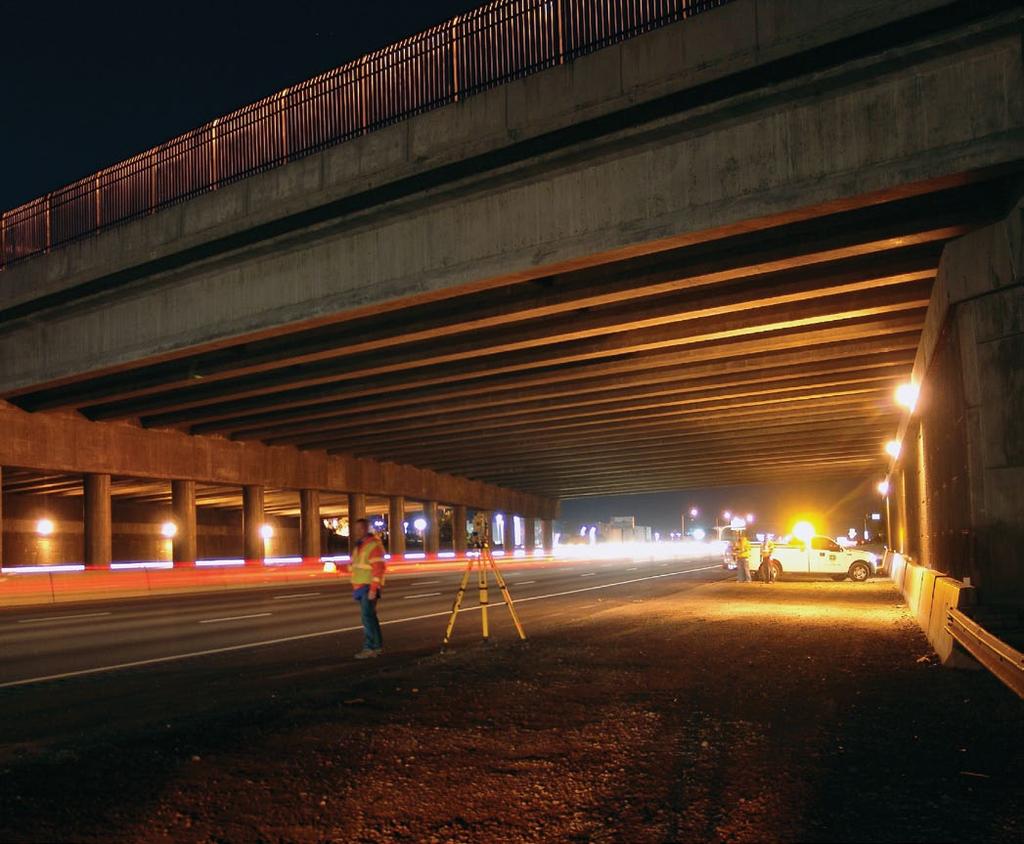 Much of the surveying was done at night, under traffic, which required extra workers to protect the crews.