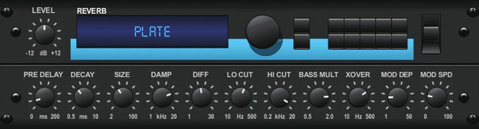 PLATE REVERB emulates the characteristics of a plate reverb chamber with control over the damping pad, modulation depth and speed, and crossover.
