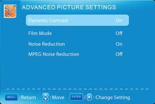 ADVANCED PICTURE SETTINGS DYNAMIC CONTRAST Dynamic contrast can be used to increase the details of dark images.