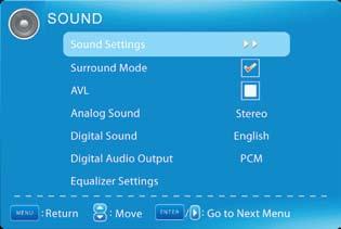 USING SOUND MENU In the SOUND Menu, adjustments can be made to further enhance the audio settings of your HDTV.