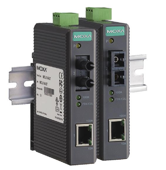 IMC-21 Series Entry-level industrial 10/100BaseT(X) to 100BaseFX media converters Multi-mode or single-mode, with SC or ST fiber connector Link Fault Pass-Through (LFP) DIP switches to select