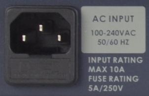 mains power outlet 100~240VAC. The socket contains a fuse holder fitted with a 5A fuse.