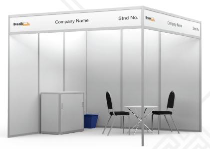 Logo printed at dimensions 300mm (wide) x 300 mm (high) Two (2) Plug Points (30 Amp Plug Points) Two (2) Tables Four (4) Chairs Four (4) Spot Lighting One (1) Cupboard One (1) Waste Bin Front View: