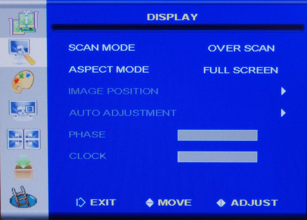 Page 11 of 34 Display Menu Scan Mode Over Scan Aspect Mode Full Screen Method of adjusting widescreen film images so that they can be shown within the proportions of a standard definition