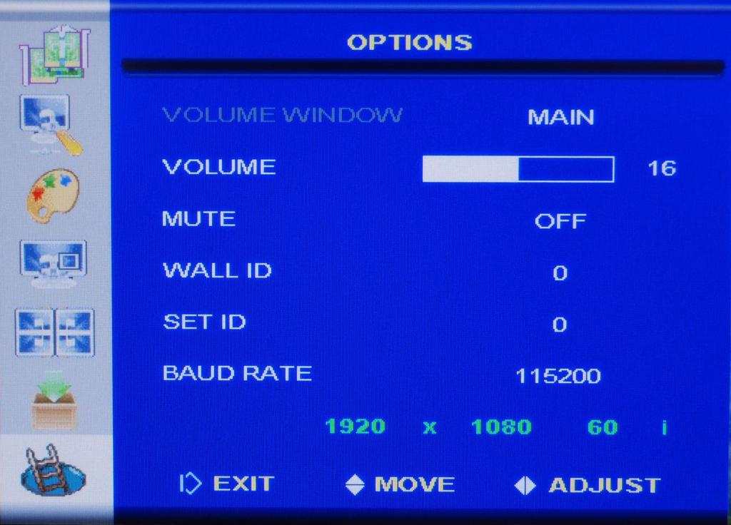 Page 23 of 34 Options Screen Menu Volume Window Volume Mute Wall ID Set ID aud Rate Master volume window maintains sound levels for the main settings.