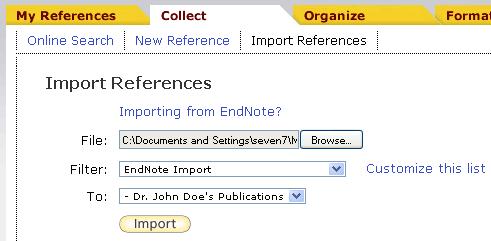 10 To begin the import process, log into your EndNote Web account using the method described earlier in this document.