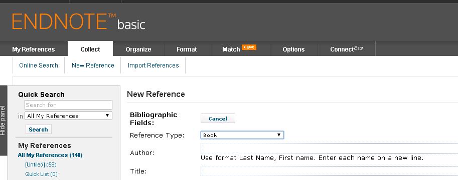 2 Entering references manually 2a Entering a book reference Click the Collect tab then click New Reference Use the drop down menu to change the Reference Type to book.