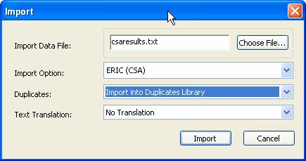 5. In the Import dialog box (shown above), click the Choose File button. Browse to the saved search text file, click it, and then click the Open button. 6.