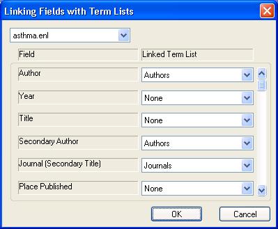 Linking term lists to fields Returning to the Lists menu, select Link Lists The linking fields with term lists window appears (left).