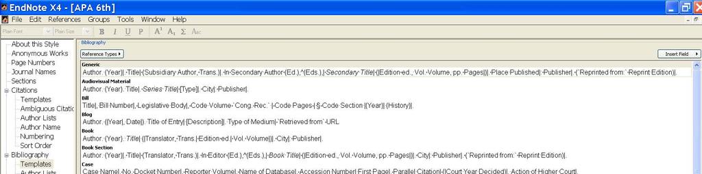 The template for a journal article in APA format is shown above. Note the field names (Author, Title, Journal, etc.
