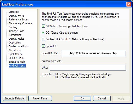 Display fields Duplicates Online Folder locations Term lists Spell check URLs & Links EndNote Web Select the fields to display in the library window Customize how EndNote identifies duplicates (which