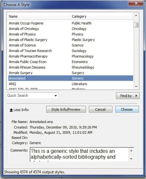 Figure 27: Output Styles List Find the APA 5th style, and then click on it to highlight it. Click on the Choose button to select that style.
