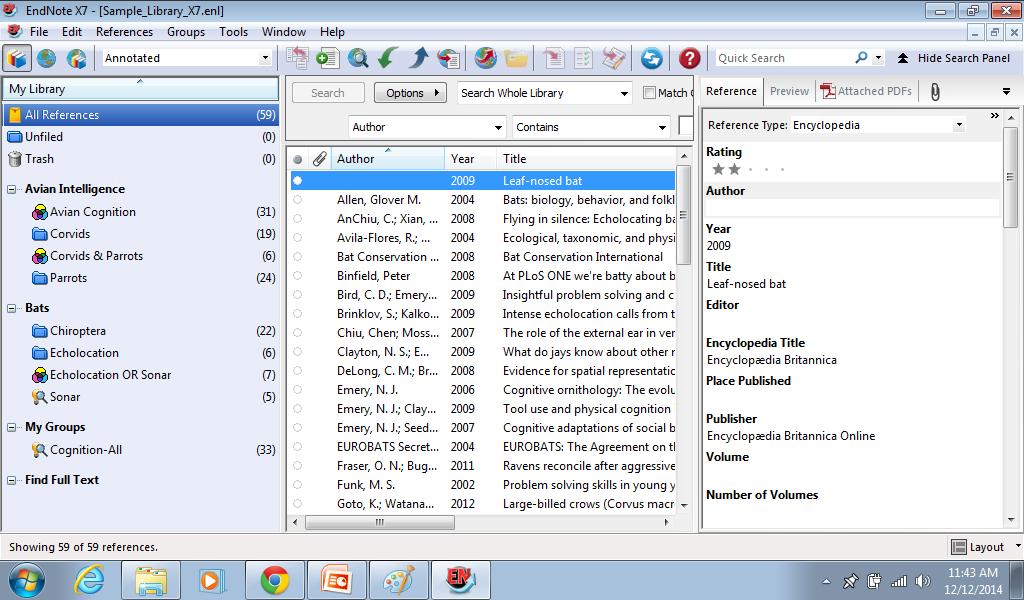 Viewing an Endnote library EndNote X7 Windows icon toolbar Groups pane lists various groups of references for easy retrieval.