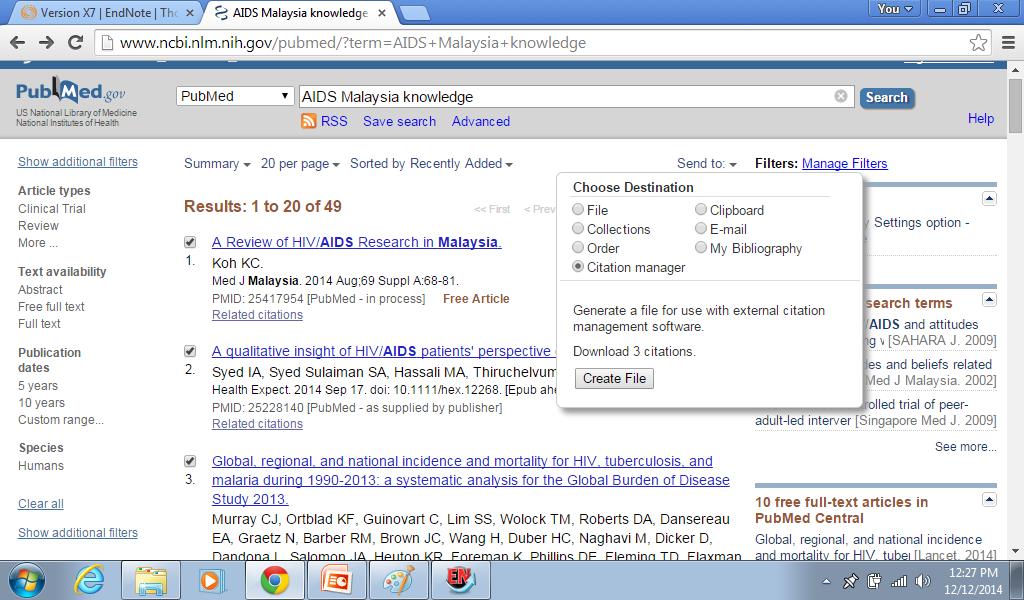 Use Citation manager to send selected (ticked boxes) Pubmed file(s) to your Endote