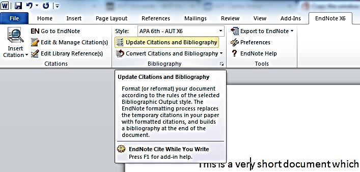 When you install EndNote on your computer, the relevant Add-In will be added to Word. It will display as an EndNote X6 tab. Click this tab and you should see the EndNote X6 functions.