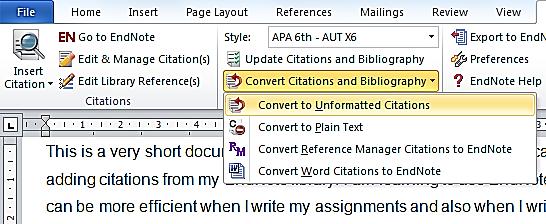 To unformat all the citations in your document: On the toolbar, click Convert Citations and Bibliography and then Convert to Unformatted Citations from the next menu.