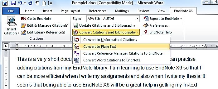 document that has the field codes, and thus has links to your EndNote data but in addition you will have a document that has no links to EndNote at all. This will be a plain text document.