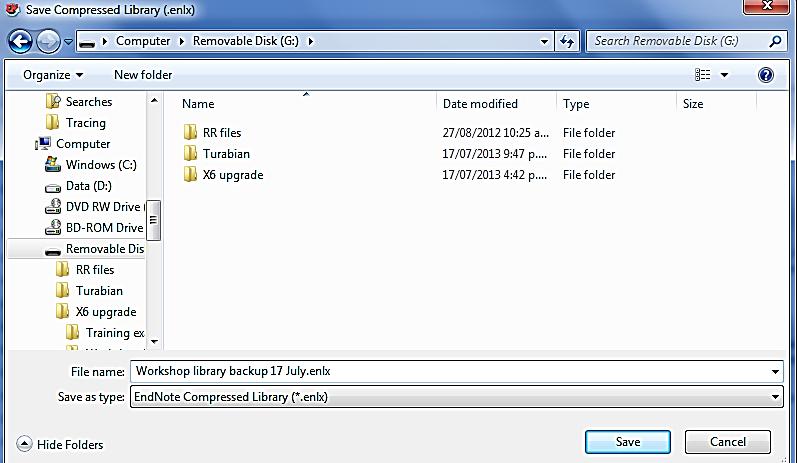 external drive, USB stick The best way to do this is to create a compressed library, a zipped file containing both components You can also create a backup on EndNote Web (see Section 13) 12.