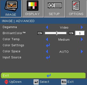 User Controls IMAGE Advanced BrilliantColor This adjustable item utilizes a new color-processing algorithm and system level enhancements to enable higher brightness while providing true, more vibrant